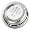 A silver lip balm tin with a round shape, showing a label with ingredient details on the top.