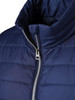 A navy padded vest featuring a high collar and a silver zip closure, with a quilted design.