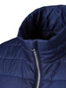 A navy padded vest featuring a high collar and zip closure, with a logo visible.