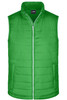 A green padded vest featuring a zip closure and a high collar, with branding on the inside.