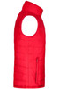 A red padded vest featuring a high collar and a side zip pocket, with no sleeves.