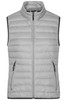 A light grey ladies down vest with a stand collar, zip closure, and zippered side pockets, featuring a logo.