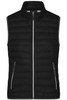 A black ladies down vest with zippered front pockets and a stand-up collar. It features a simple design and has a logo.