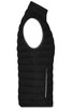 A black ladies down vest featuring a sleeveless design and a zippered pocket. It has a logo on it.