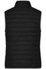 A black down vest with a quilted texture and a high collar, featuring a logo on the back.