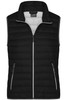 A black ladies down vest with a zip front and two side pockets, featuring a logo on the interior.