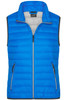 A bright blue down vest with a zip front, featuring side pockets and a contrasting grey interior, along with branding.
