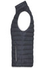 A dark grey ladies down vest featuring a sleeveless design and a zippered side pocket. It has a branded logo.