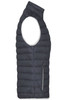 A sleeveless ladies down vest in dark grey, featuring a zippered pocket and a lightweight design.