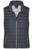 A navy ladies down vest with a quilted design, featuring a high collar and zippered pockets, includes branding.