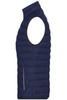 A navy ladies down vest with an open arm design and a zippered pocket on the side, featuring a logo.
