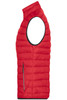A red ladies down vest with a high collar and one side zip pocket, featuring a sleeveless design.