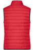 A red ladies down vest featuring a quilted design and a high collar, with a contrasting trim.