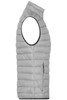 A grey down vest with a sleeveless design and a side zipper pocket, featuring a minimalist appearance.