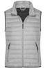 A grey down vest with a stand-up collar and two zippered pockets on the front. It features a logo on the chest.