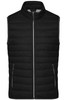 A black men's down vest with zippered pockets and a high collar. It features a logo on the front.