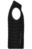 A black down vest with a high collar and a zippered pocket, featuring a branded logo.