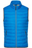 A blue men's down vest with a high collar and zip front, featuring two side pockets and contrasting black trim.