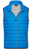 A blue men's down vest with a zip front and side pockets, featuring a grey lined interior and black trimming.
