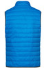 A blue men's down vest with a quilted design and a high collar. The back features a logo.