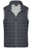 A men's down vest in dark grey, featuring a zip front and two side pockets. It has a logo on the chest.
