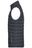 A men's down vest in dark grey, featuring a side zip pocket and a puffy design. It has a logo on the fabric.