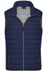 A men's down vest in navy blue with a grey interior and side zip pockets, featuring a logo on the chest.