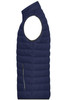A navy blue men's down vest with a high collar and one side zip pocket, featuring a logo.