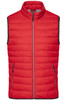 A red men's down vest with a zip-front and two side pockets, featuring a logo on the chest.