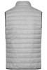 A light grey men's down vest with a quilted design and a logo on the back.