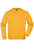 A yellow sweatshirt with long sleeves and a crew neck, featuring a logo on the front.