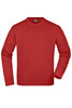 A red sweatshirt with long sleeves and a crew neck, featuring a logo on the front.