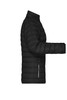 A black puffer jacket with a fitted design, featuring a zippered pocket and a high collar.