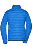 A blue ladies down jacket with a puffer design, featuring a high collar and no visible branding.