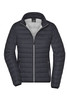 A ladies' down jacket in dark grey with a zip closure and padded design. Features a logo on the chest.