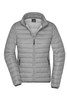 A grey ladies down jacket, featuring a zip front and a puffer design, with a collar and logos.