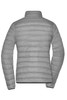 A grey Ladies Down Jacket with a quilted design and high collar, featuring a branding logo on the back.