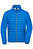 A blue men's down jacket featuring a zip front and a lightweight puffer design. It has side pockets and a logo.