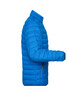 A bright blue men's down jacket with a puffer design and a side view showcasing its features.