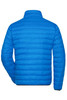 A blue men's down puffer jacket with a stand-up collar, featuring a back view and stitching details.