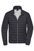 A men's down puffer jacket in dark grey, featuring a zip front and two side pockets. It has a logo on it.
