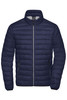A men's down jacket in navy blue with a quilted design and zippered pockets. It features a stand-up collar and branding.