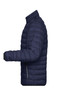 A navy blue men's down jacket with a puffer design, featuring a high collar and side zipper pocket.