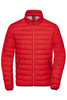 A bright red men's down jacket with a zip closure and side pockets, featuring a classic puffer design.