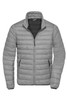 A grey puffer jacket featuring a zip front and side pockets, complete with a branded logo.