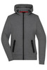 A grey ladies hooded jacket featuring a zip front and two black zippered pockets, with a contrasting red interior.