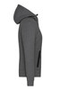 A grey ladies' hooded jacket featuring a zippered pocket and a logo.