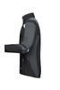 A black and grey softshell jacket featuring a zip, side pockets, and a logo on the chest.