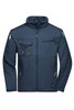 A navy blue softshell jacket with multiple pockets and a zip closure, featuring a logo on the front.