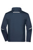 A navy softshell jacket with a structured collar and reflective detailing, featuring a logo.
